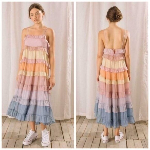 Storia Multicolor Polka Dot Print Colorblock Tiered Midi Dress NWT - Picture 1 of 14
